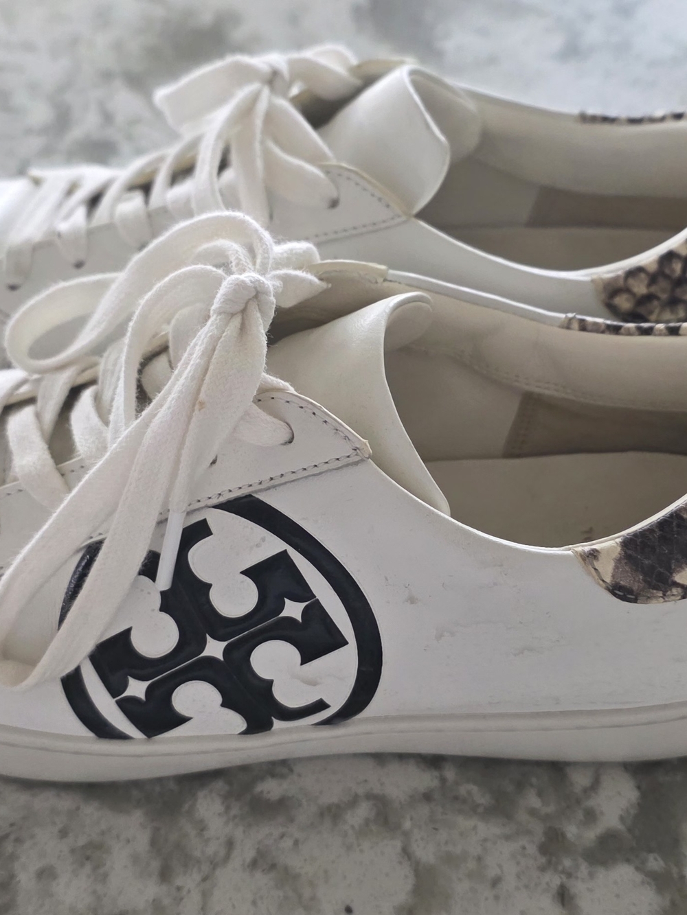 Tory Burch White Sneakers with Black Logo and Snakeskin Accent Size 8.5